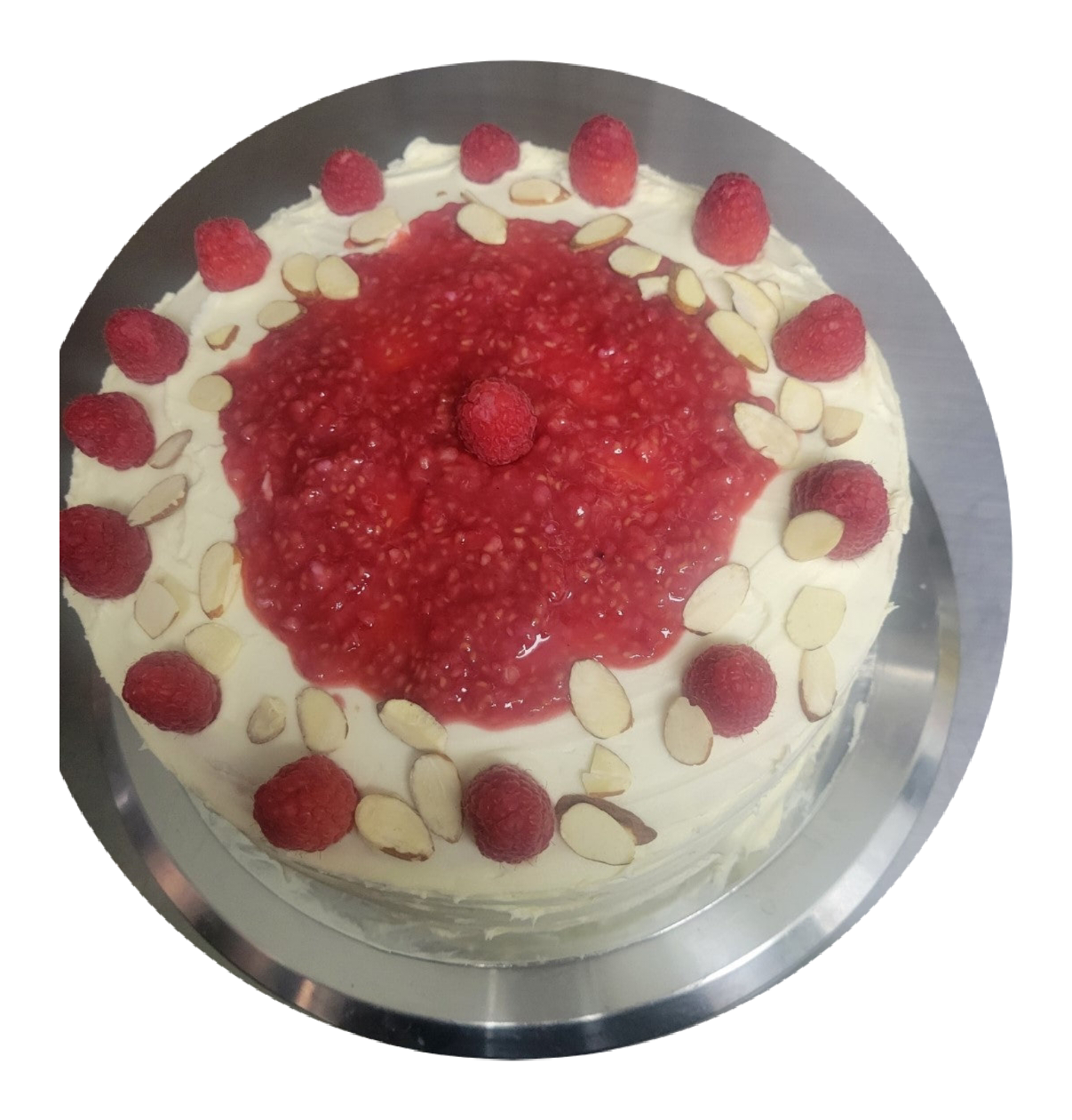 1 White chocolate almond raspberry cake double layer 9 inch round serves 10 people