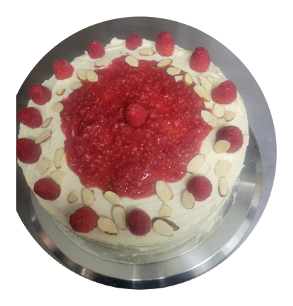 1  White chocolate almond raspberry cake double layer  9 inch round serves 10 people