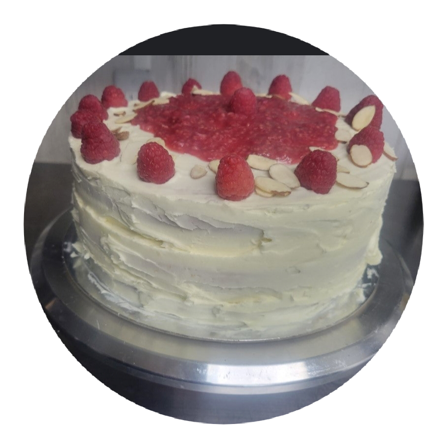 1  White chocolate almond raspberry cake double layer  9 inch round serves 10 people