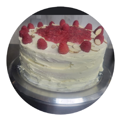 1  White chocolate almond raspberry cake double layer  9 inch round serves 10 people