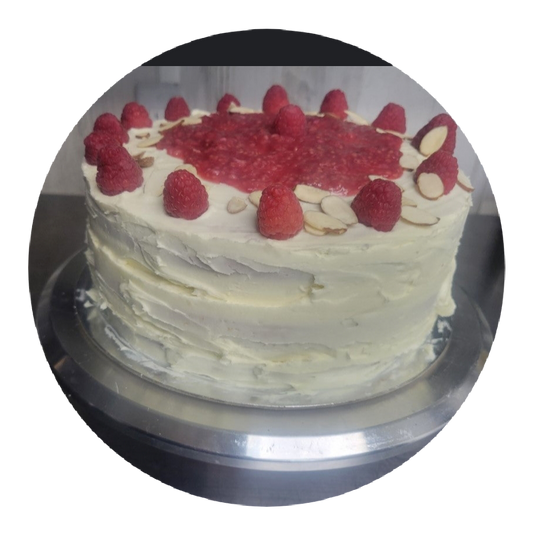 1  White chocolate almond raspberry cake double layer  9 inch round serves 10 people