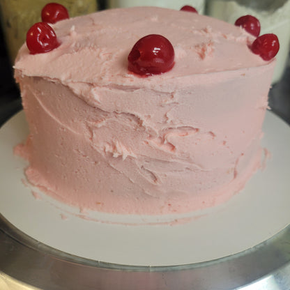 1 Cherry chip cake with cherry frosting 9 inch round double layer serves 10 people
